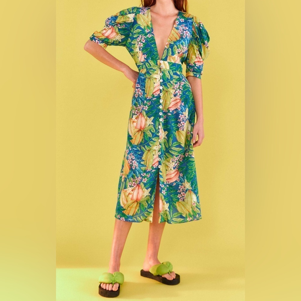 Farm Rio Floral Midi Dress Short Sleeve Beach Resort Euro Summer XS